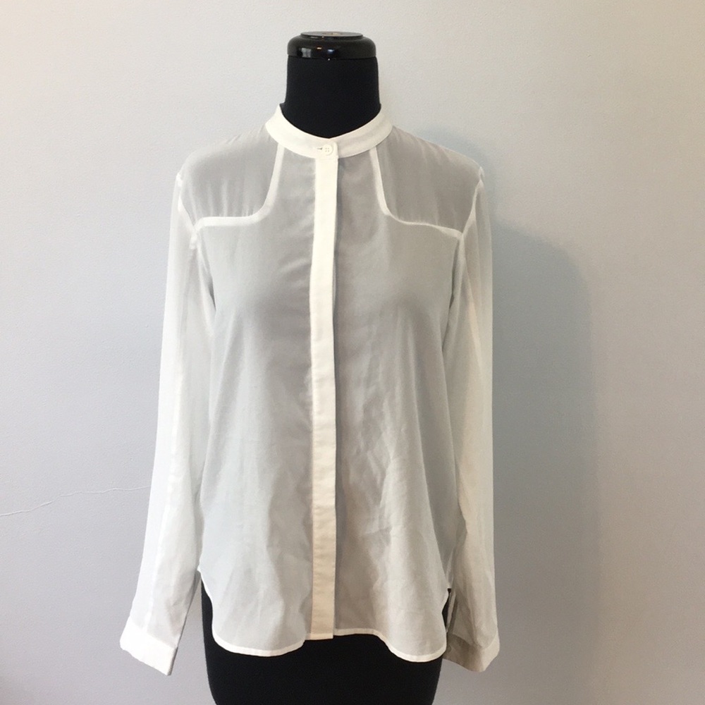 French Connection Sheer White Button Up, XS/S